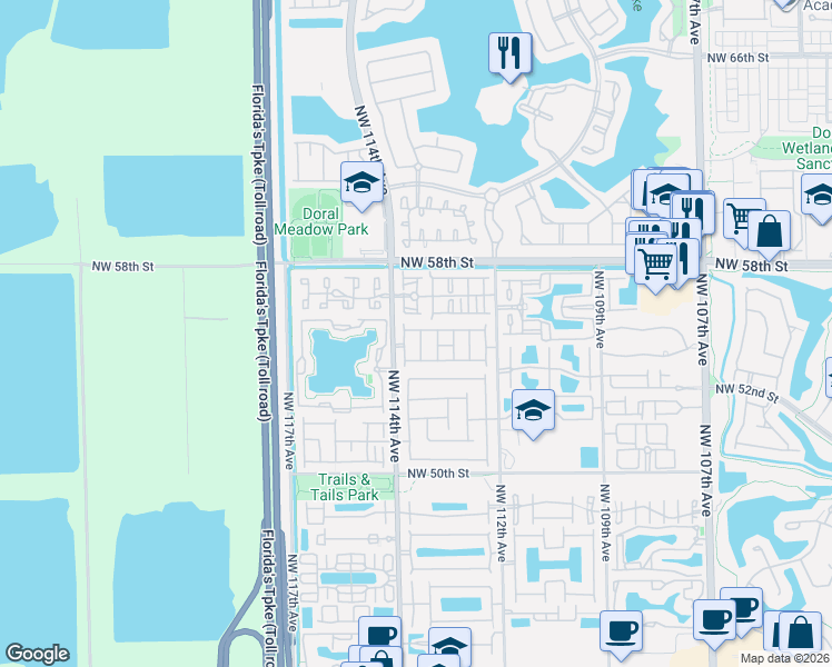map of restaurants, bars, coffee shops, grocery stores, and more near 11313 Northwest 55th Lane in Doral
