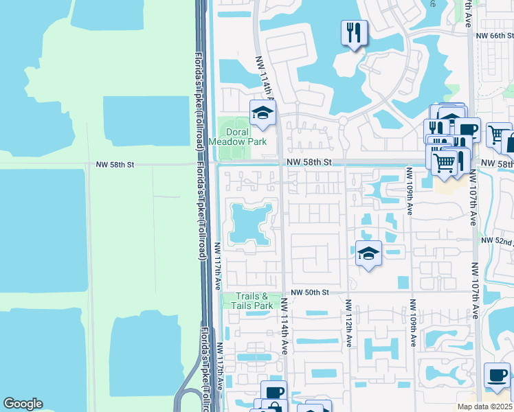 map of restaurants, bars, coffee shops, grocery stores, and more near 5524 Northwest 114th Avenue in Doral