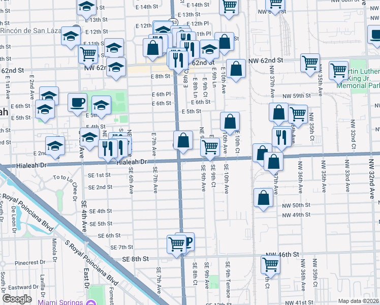 map of restaurants, bars, coffee shops, grocery stores, and more near 880 Northeast 1st Place in Hialeah