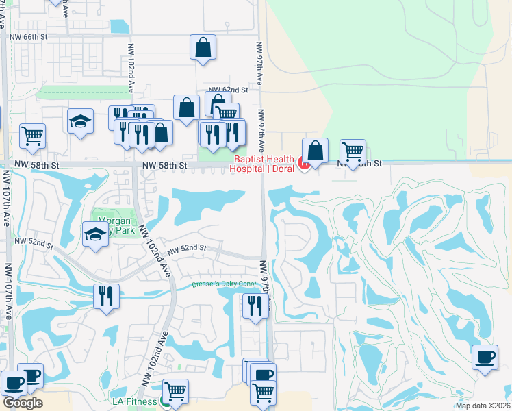 map of restaurants, bars, coffee shops, grocery stores, and more near 9735 Northwest 52nd Street in Doral