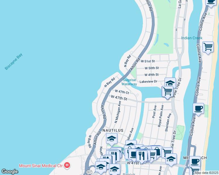 map of restaurants, bars, coffee shops, grocery stores, and more near 4740 Florida 907 in Miami Beach