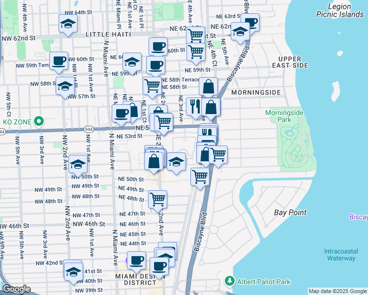 map of restaurants, bars, coffee shops, grocery stores, and more near 5275 Northeast 2nd Court in Miami