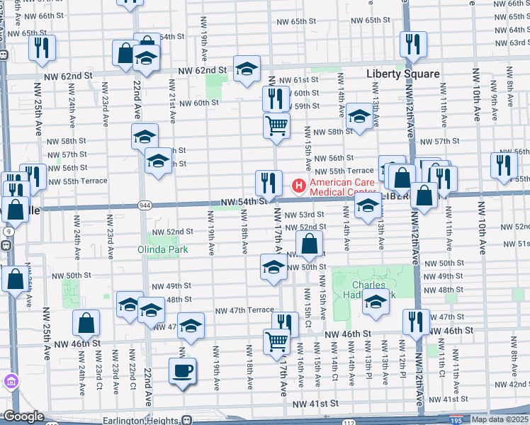 map of restaurants, bars, coffee shops, grocery stores, and more near 1790 Northwest 54th Street in Miami