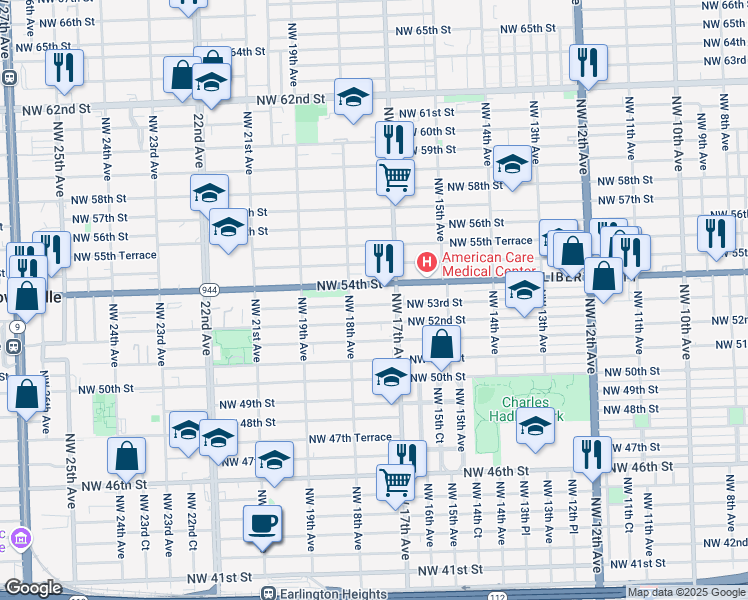 map of restaurants, bars, coffee shops, grocery stores, and more near 1790 Northwest 54th Street in Miami