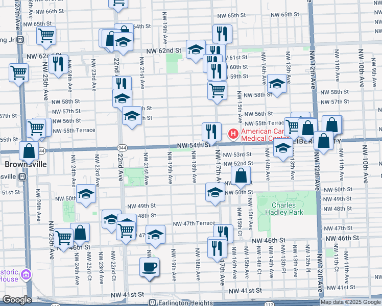 map of restaurants, bars, coffee shops, grocery stores, and more near 1850 Northwest 54th Street in Miami