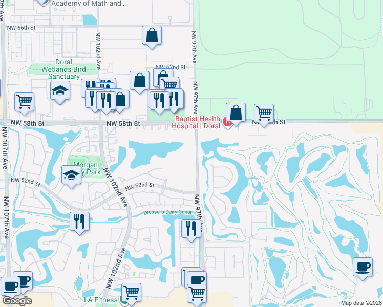 map of restaurants, bars, coffee shops, grocery stores, and more near 9735 Northwest 52nd Street in Doral