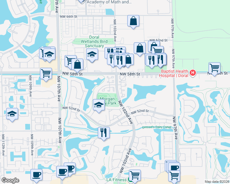 map of restaurants, bars, coffee shops, grocery stores, and more near in Doral