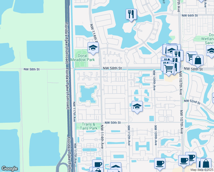 map of restaurants, bars, coffee shops, grocery stores, and more near 11313 Northwest 55th Lane in Doral