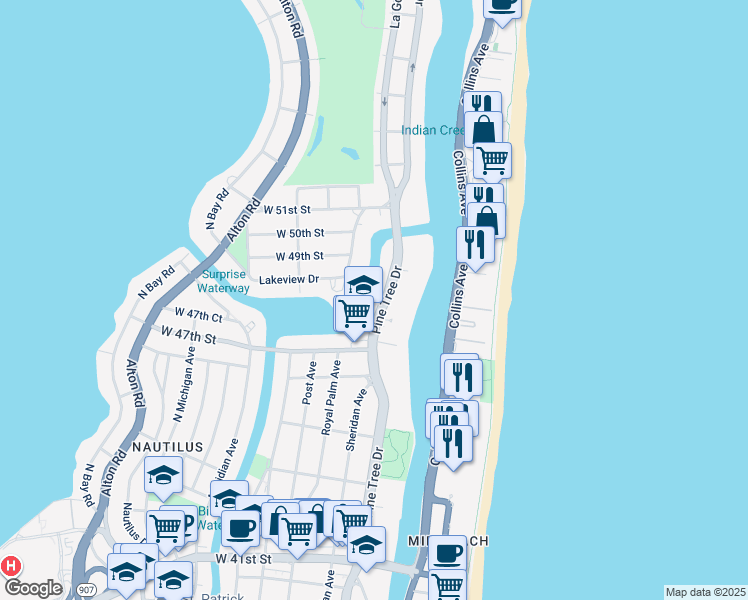 map of restaurants, bars, coffee shops, grocery stores, and more near 4830 Pine Tree Drive in Miami Beach