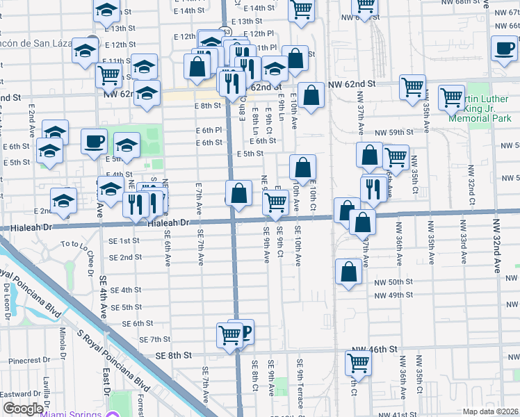 map of restaurants, bars, coffee shops, grocery stores, and more near 880 Northeast 1st Place in Hialeah