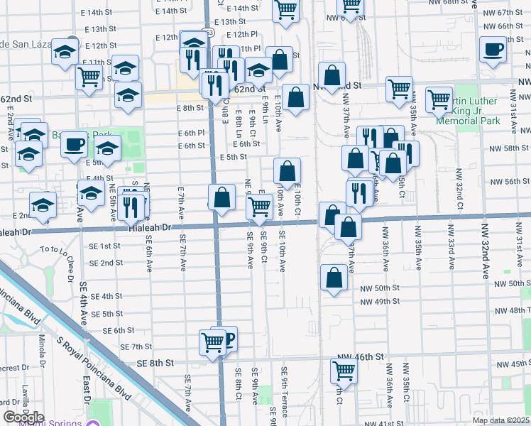 map of restaurants, bars, coffee shops, grocery stores, and more near 65 East 9th Court in Hialeah