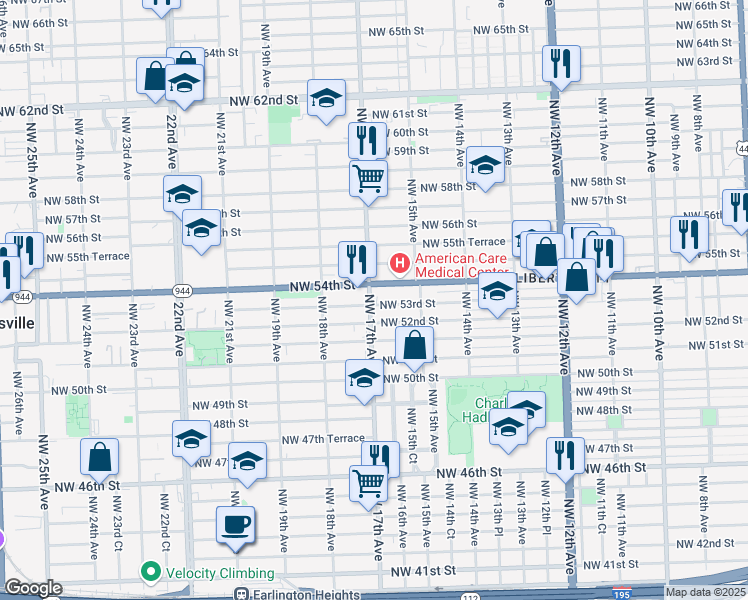map of restaurants, bars, coffee shops, grocery stores, and more near 5315 Northwest 17th Avenue in Miami