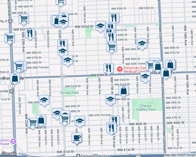 map of restaurants, bars, coffee shops, grocery stores, and more near 1850 Northwest 54th Street in Miami