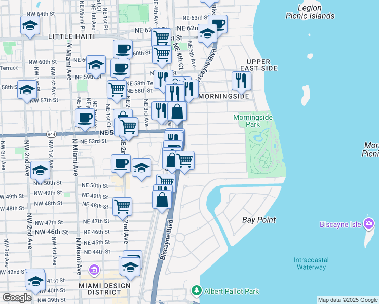map of restaurants, bars, coffee shops, grocery stores, and more near 411 Northeast 52nd Street in Miami