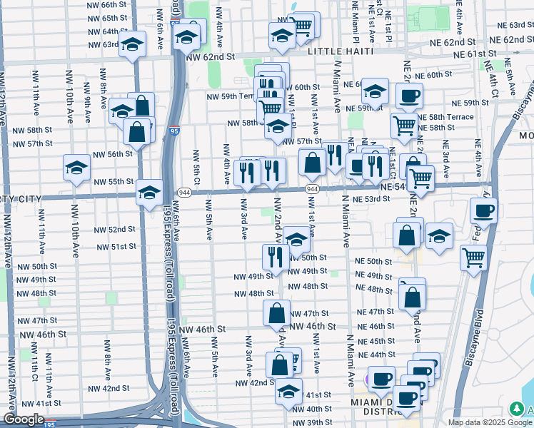 map of restaurants, bars, coffee shops, grocery stores, and more near 232 Northwest 53rd Street in Miami