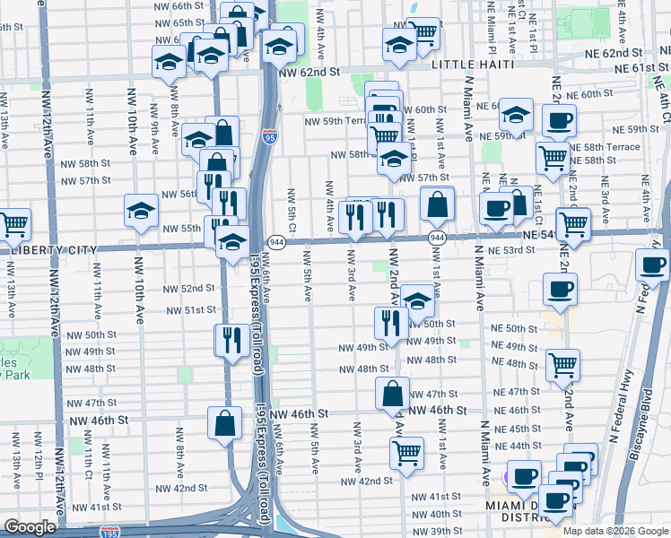 map of restaurants, bars, coffee shops, grocery stores, and more near 408 Northwest 53rd Street in Miami