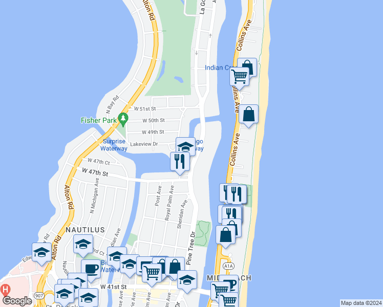 map of restaurants, bars, coffee shops, grocery stores, and more near 4830 Pine Tree Drive in Miami Beach
