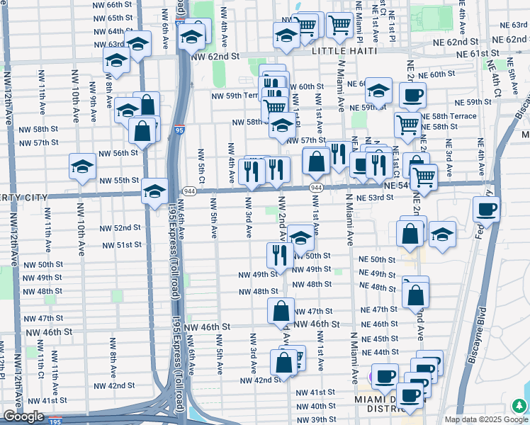 map of restaurants, bars, coffee shops, grocery stores, and more near 232 Northwest 53rd Street in Miami