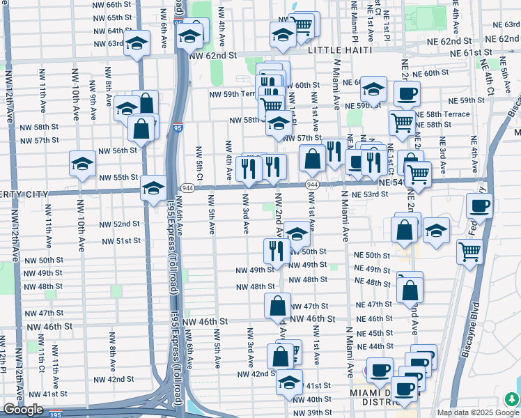 map of restaurants, bars, coffee shops, grocery stores, and more near 232 Northwest 53rd Street in Miami