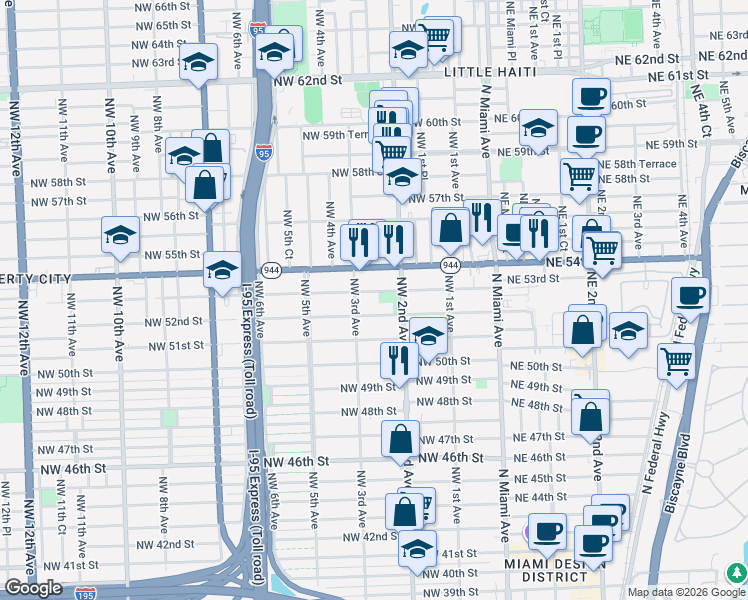 map of restaurants, bars, coffee shops, grocery stores, and more near 232 Northwest 53rd Street in Miami