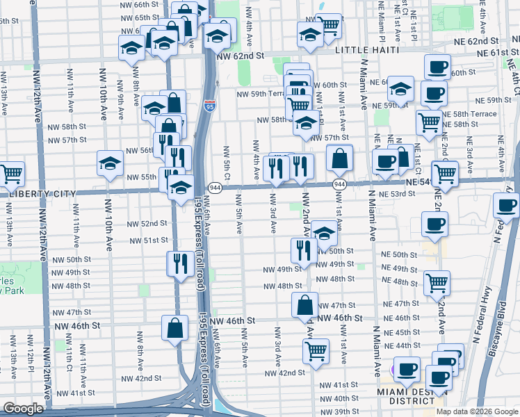 map of restaurants, bars, coffee shops, grocery stores, and more near 408 Northwest 53rd Street in Miami