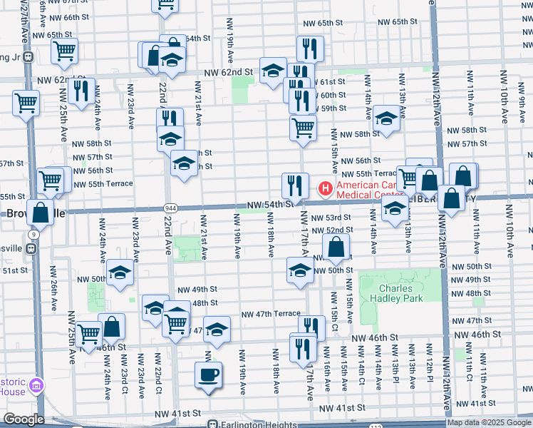 map of restaurants, bars, coffee shops, grocery stores, and more near 1850 Northwest 54th Street in Miami