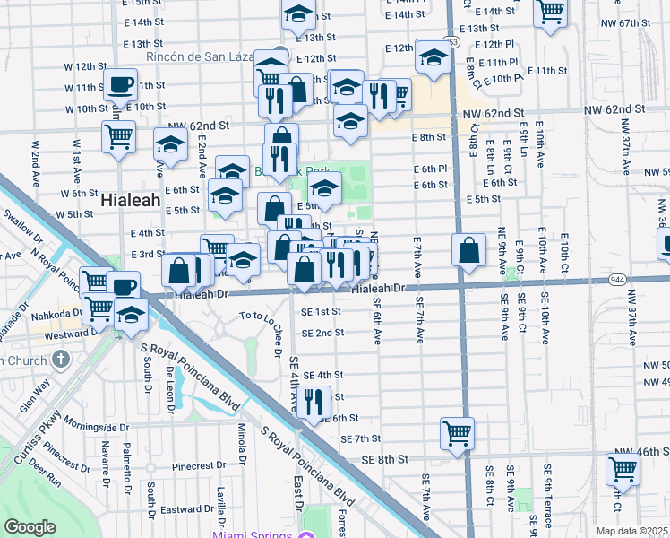 map of restaurants, bars, coffee shops, grocery stores, and more near 26-28 Essex Avenue in Hialeah