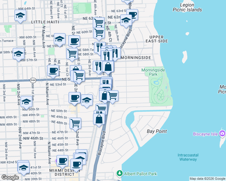 map of restaurants, bars, coffee shops, grocery stores, and more near 5220 Biscayne Boulevard in Miami