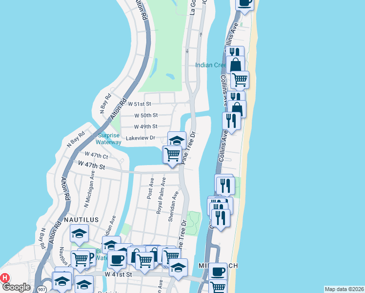 map of restaurants, bars, coffee shops, grocery stores, and more near 4830 Pine Tree Drive in Miami Beach