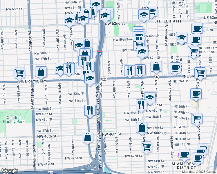 map of restaurants, bars, coffee shops, grocery stores, and more near 530 Northwest 53rd Street in Miami