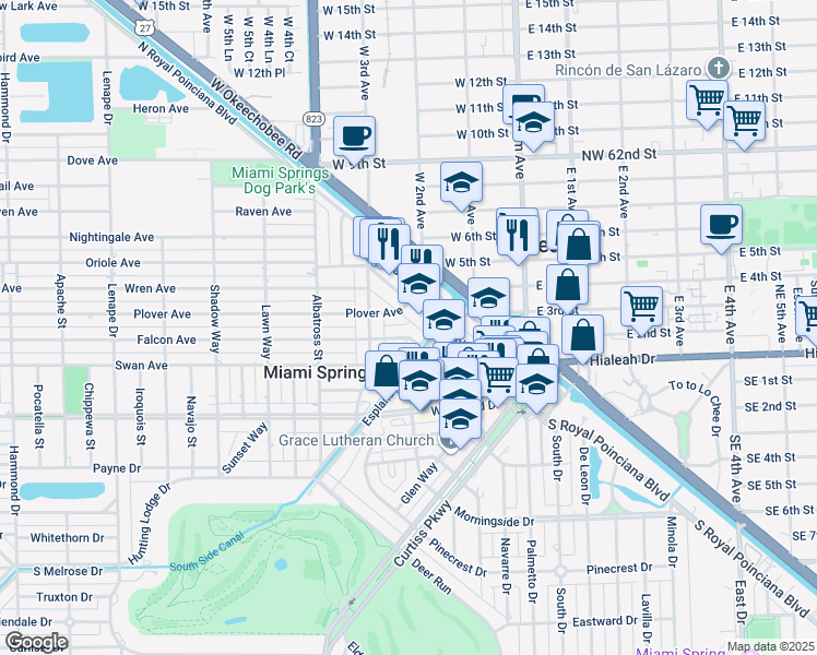 map of restaurants, bars, coffee shops, grocery stores, and more near 315 Falcon Avenue in Miami Springs