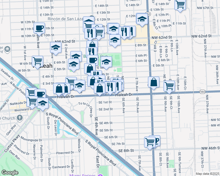 map of restaurants, bars, coffee shops, grocery stores, and more near 26-28 Essex Avenue in Hialeah
