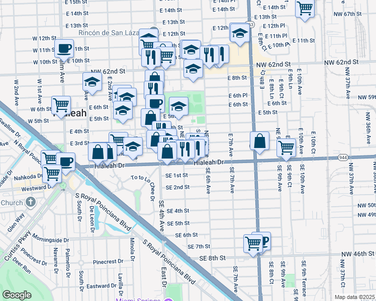 map of restaurants, bars, coffee shops, grocery stores, and more near 26-28 Essex Ave in Hialeah
