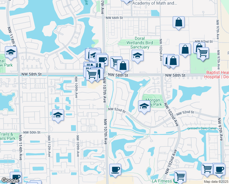 map of restaurants, bars, coffee shops, grocery stores, and more near 5360 Northwest 106th Court in Doral