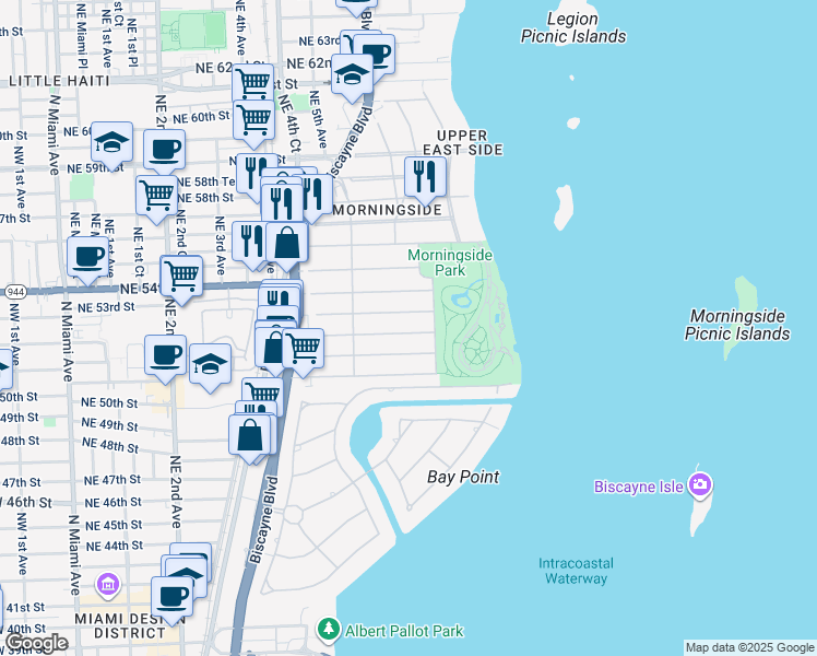 map of restaurants, bars, coffee shops, grocery stores, and more near 665 Northeast 52nd Street in Miami