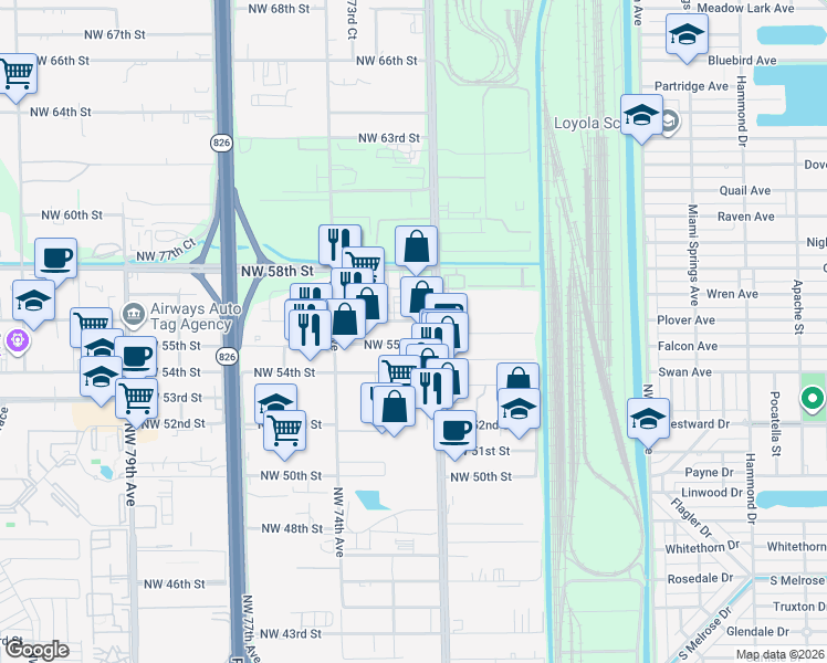 map of restaurants, bars, coffee shops, grocery stores, and more near 7210 Northwest 56th Street in Miami