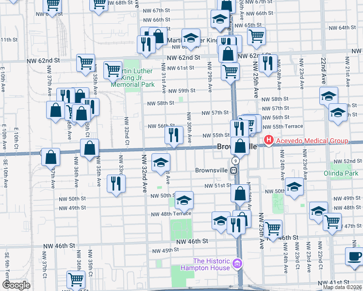map of restaurants, bars, coffee shops, grocery stores, and more near 3039-3055 Northwest 54th Street in Miami