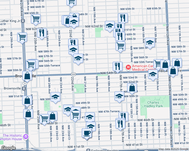 map of restaurants, bars, coffee shops, grocery stores, and more near 1900 Northwest 54th Street in Miami