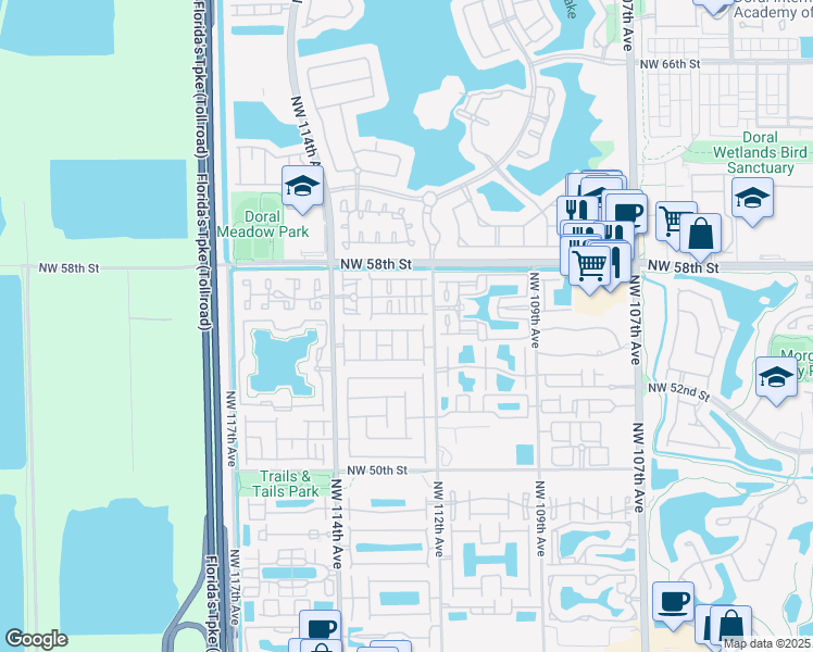 map of restaurants, bars, coffee shops, grocery stores, and more near 11241 Northwest 55th Lane in Doral