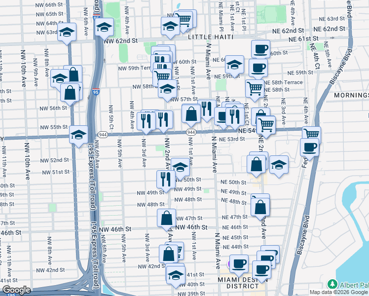 map of restaurants, bars, coffee shops, grocery stores, and more near 148 Northwest 53rd Street in Miami