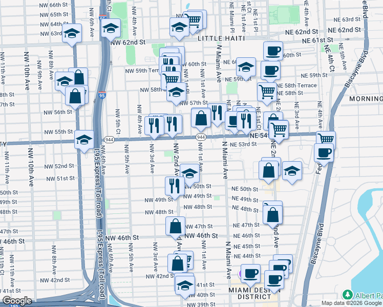 map of restaurants, bars, coffee shops, grocery stores, and more near 148 Northwest 53rd Street in Miami