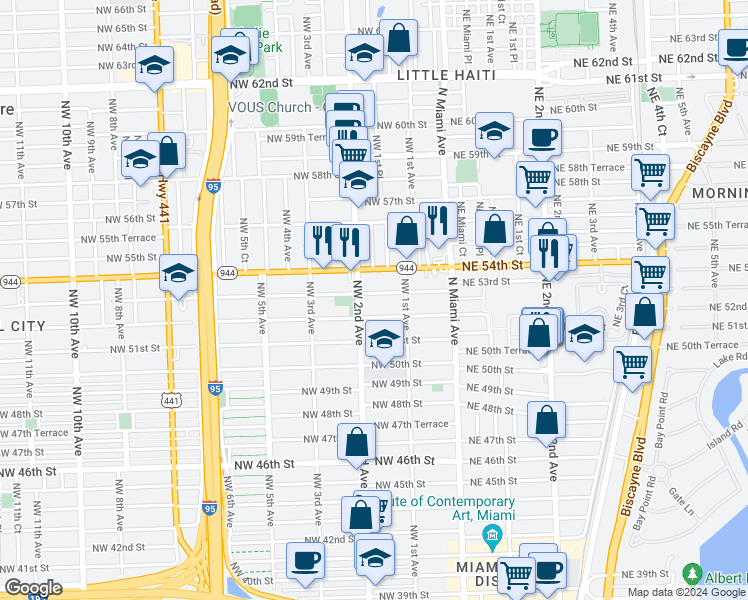 map of restaurants, bars, coffee shops, grocery stores, and more near 148 Northwest 53rd Street in Miami