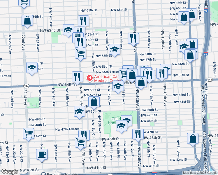 map of restaurants, bars, coffee shops, grocery stores, and more near 1381 Northwest 53rd Street in Miami