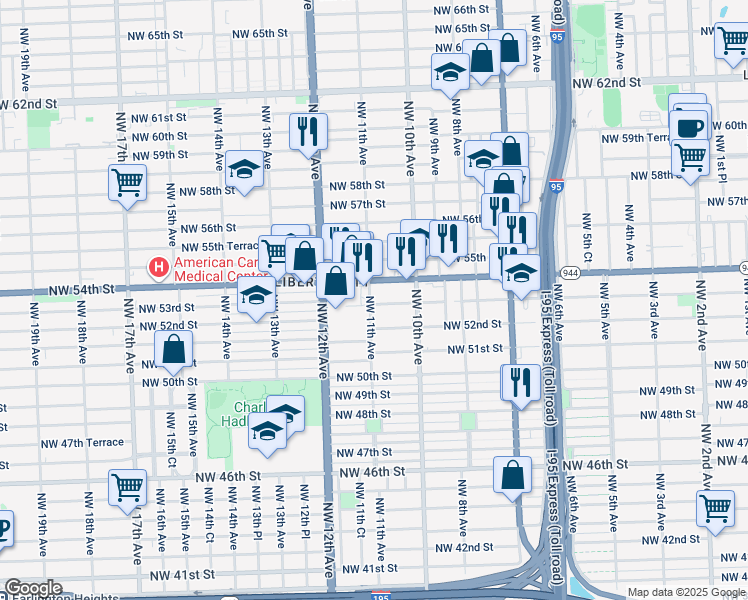 map of restaurants, bars, coffee shops, grocery stores, and more near 5301 Northwest 11th Avenue in Miami