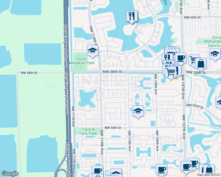 map of restaurants, bars, coffee shops, grocery stores, and more near 11313 Northwest 55th Lane in Doral