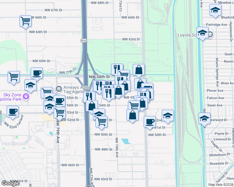 map of restaurants, bars, coffee shops, grocery stores, and more near 5575 Northwest 74th Avenue in Miami