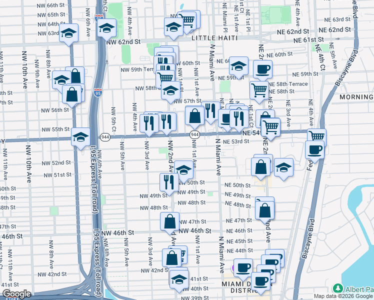 map of restaurants, bars, coffee shops, grocery stores, and more near 148 Northwest 53rd Street in Miami