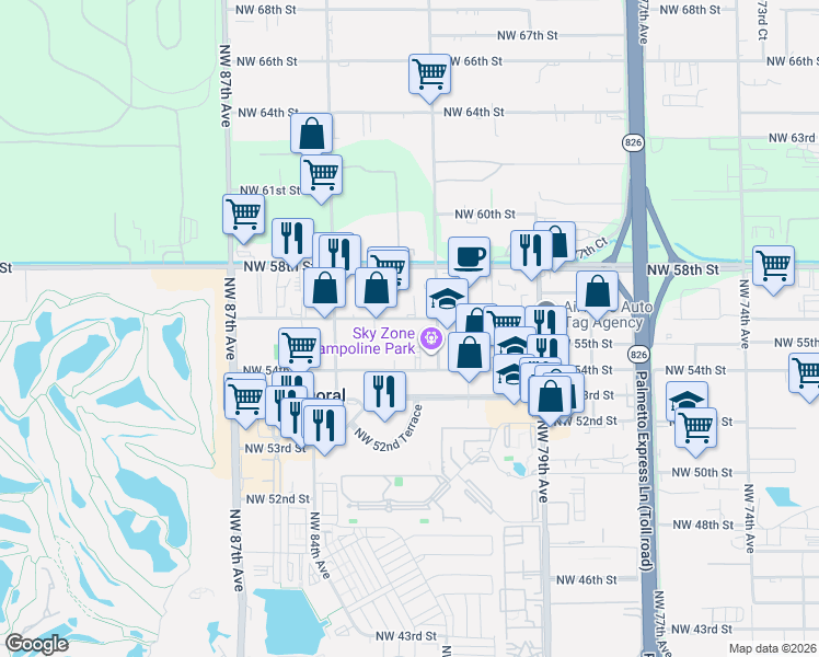 map of restaurants, bars, coffee shops, grocery stores, and more near 8232 Northwest 56th Street in Doral