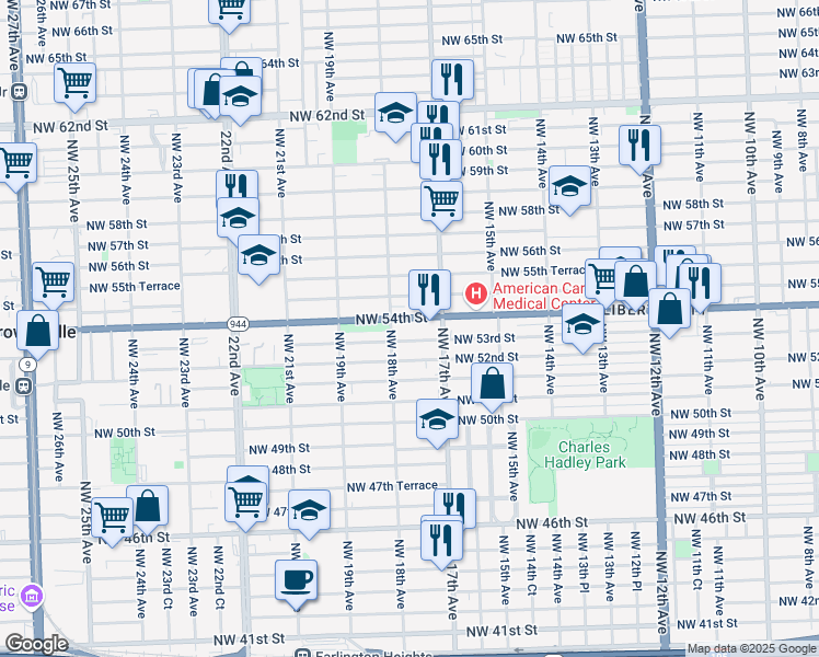 map of restaurants, bars, coffee shops, grocery stores, and more near 1790 Northwest 54th Street in Miami