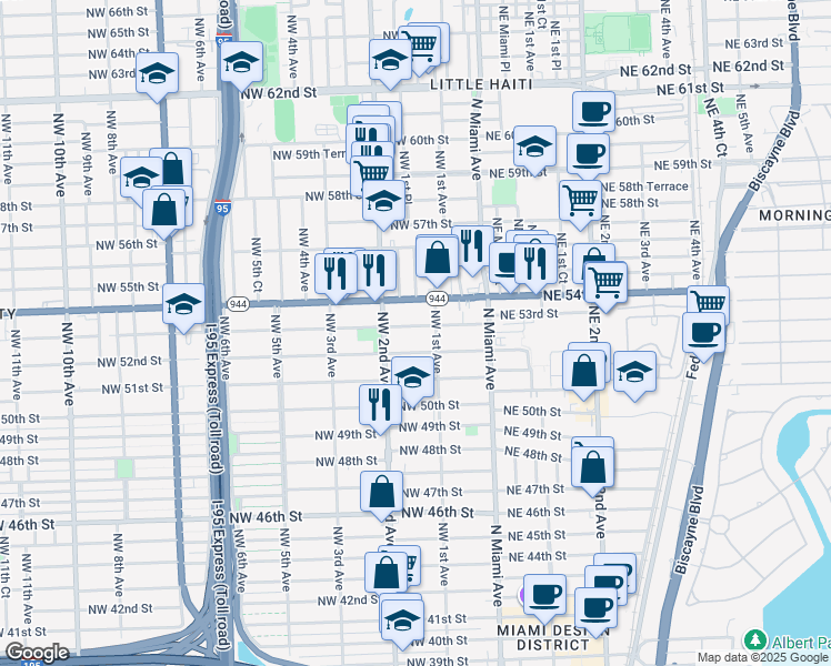 map of restaurants, bars, coffee shops, grocery stores, and more near 148 Northwest 53rd Street in Miami